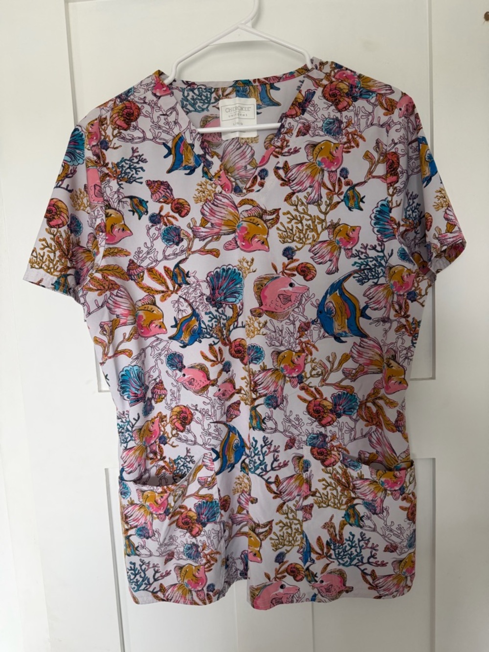 Cherokee Medical Uniforms Pink Blue Tropical Print Scrub Top